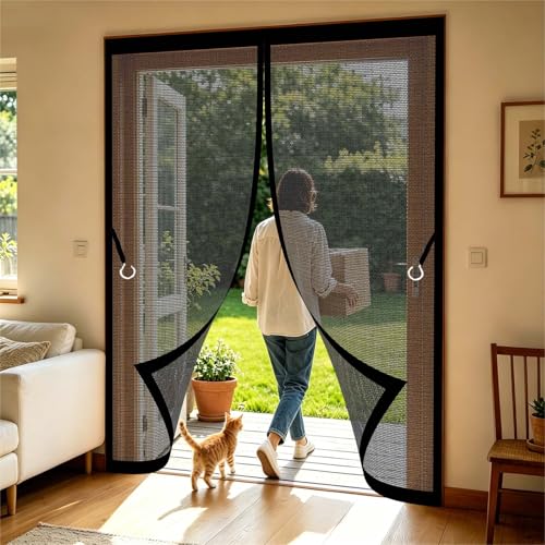 Cortina Mosquitera 180 x 260 cm Poliéster Resistente, con Ganchos, Silenciosa y Automática Mosquitera para Puerta Mosquiteras Magneticas para Puertas para Cocina, Comedor, Negro