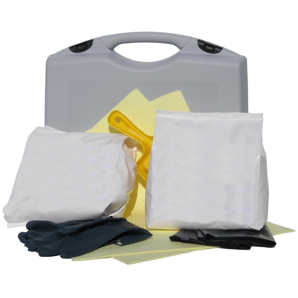 Kit di pronto intervento per acido solforico, capacità assorbente 25,93 Lt, confezionato in valigetta in plastica