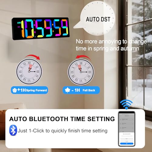 TXL 17.2" Bluetooth Digital Wall Clock with Seconds, Large Countdown Timer for Classroom Home Gym Kitchen Office, Alarm Clock with Remote Control, 4 Dimmable Brightness, Auto DST (RGB) - Image 4