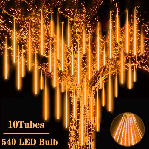 Roytong Meteor Shower Christmas Lights - Orange 10 Tube 540 LED 20 Inch Icicle Lights for Halloween Outdoor Tree Patio Garden Roof Eaves Decor (Can Connect 100 Sets)