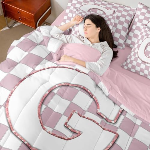 Image of Erosebridal Pink Initial G Twin Bedding Set 7 Piece Kawaii Plaid Checkered Bed in A Bag with Sheets Cute Personalized Monogram Comforter Set for Kids Girls Teen Women,Fashion Grids Gingham Bed Sets