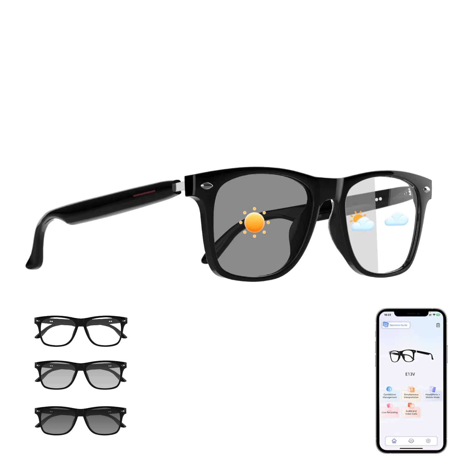 Smart Translation Glasses Photochromic Lenses Open-Ear Audio Design Support 160 Languages Simultaneous Interpretation via APP Bluetooth Glasses for