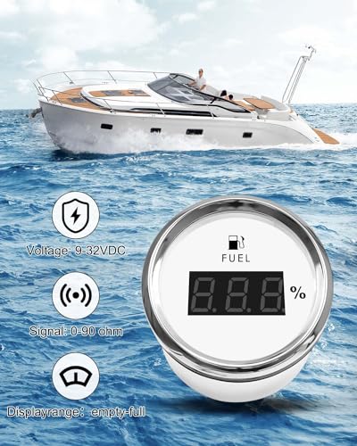 Image of 0-90 ohm Boat Fuel Gauge, Waterproof Marine Fuel Level Gauge, Gas Fuel Tank Meter Gauge for Car RV Truck Vehicle, with 52mm Dial & LED Backlight & Digital Display, White