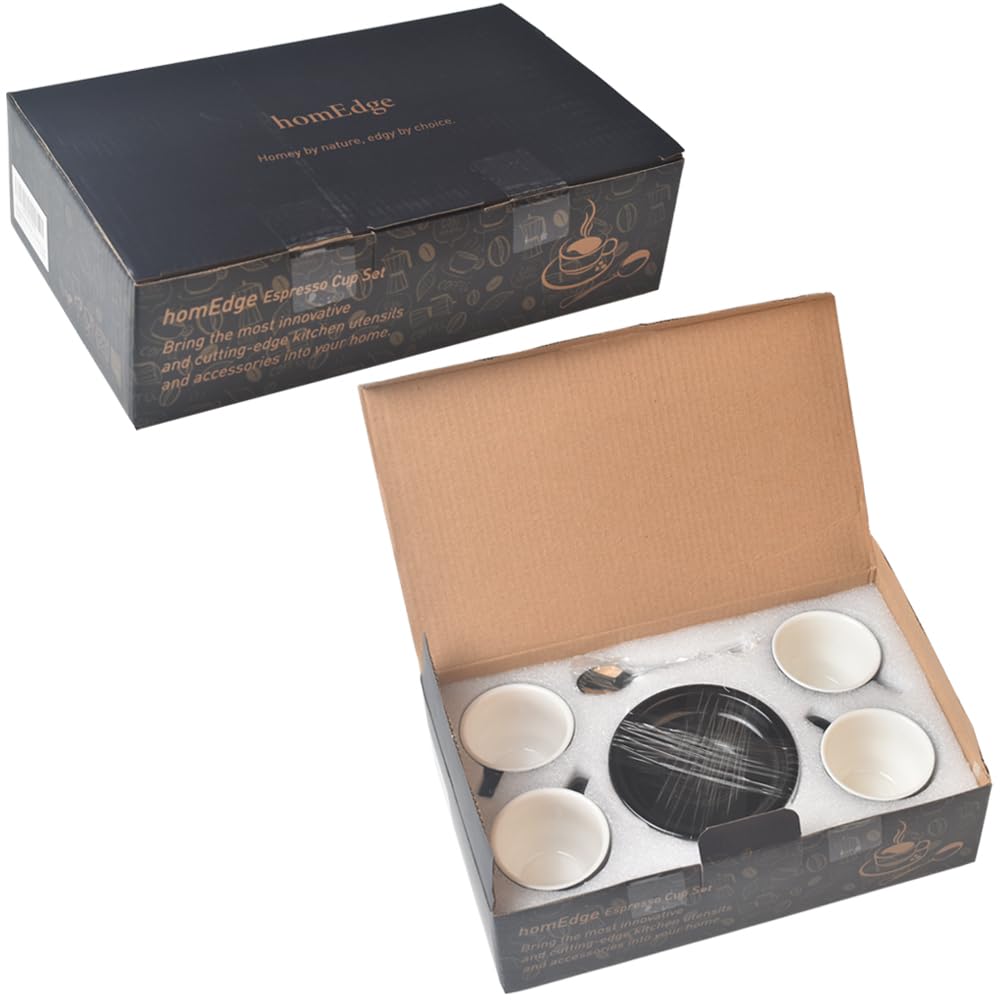 homEdge Juego de 4 tazas y platillos de café espresso prémium con cucharas de acero inoxidable para espresso, 2.5 onzas, color negro