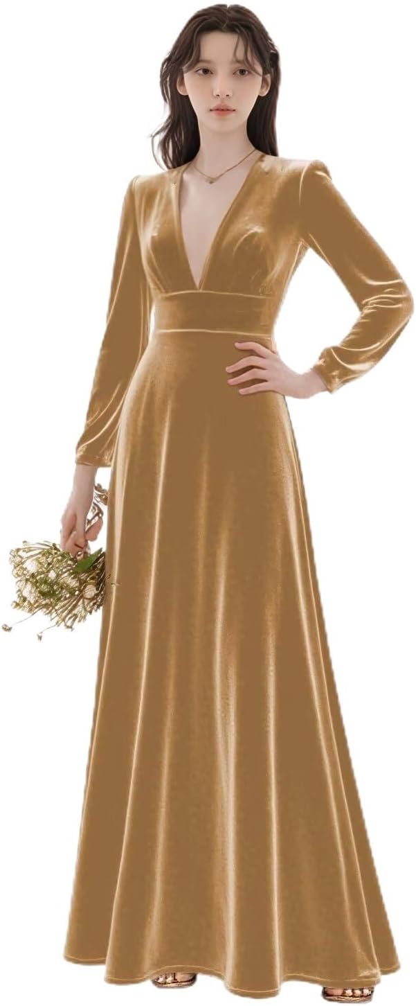 Classic Long Sleeve Velvet Wedding Guest Dress V-Neck A Line Bridesmaid Dresses for Women