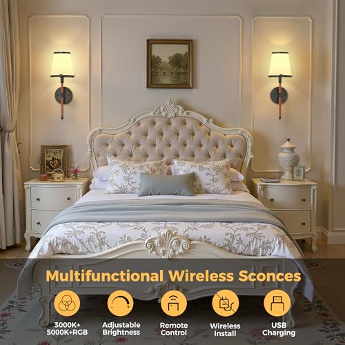 Image of DORESshop Battery Operated Wall Sconce Set of 2, Wireless Wall Light Easy to Install, 7 Color Rechargeable Wall Sconces, Sconce Wall Decor Set of 2 for Bedroom, Living Room, Black and Leather, 18.7in