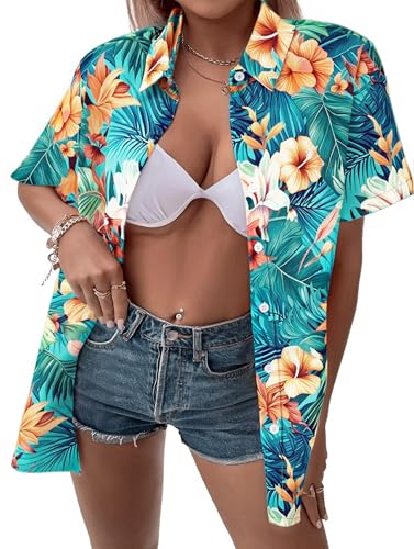 Image of ASTANFY Hawaiian Shirt Women Hawaii T-Shirt Tropical Floral Printed V Neck Shirts Soft Cool Summer Beach Button Up Blouse