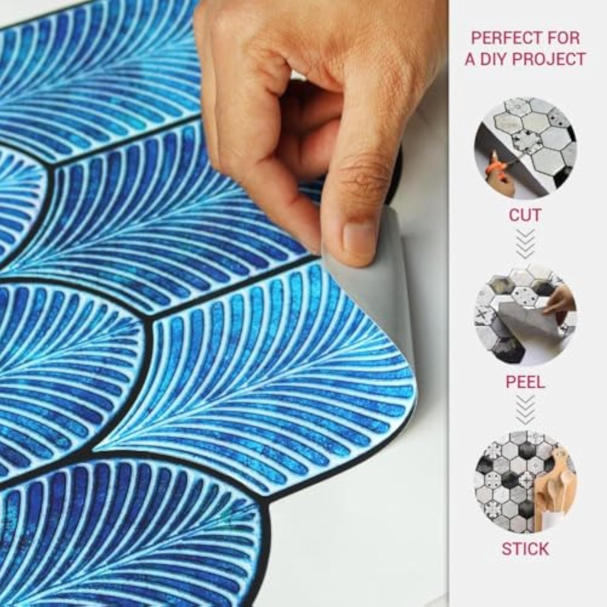 3D Ink Blue Leaf Peel & Stick Tiles, Easy DIY Adhesive Backsplash