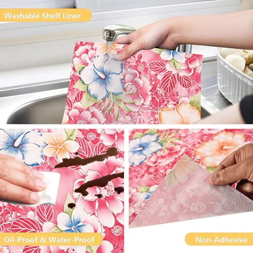 Image of Kuber Industries Pack of 3 Waterproof & Durable 5 Meters Kitchen Mats for Shelf Liner Roll | Wipeable Fridge Sheets for Shelves Cabinet Drawer | Flower Print - Red