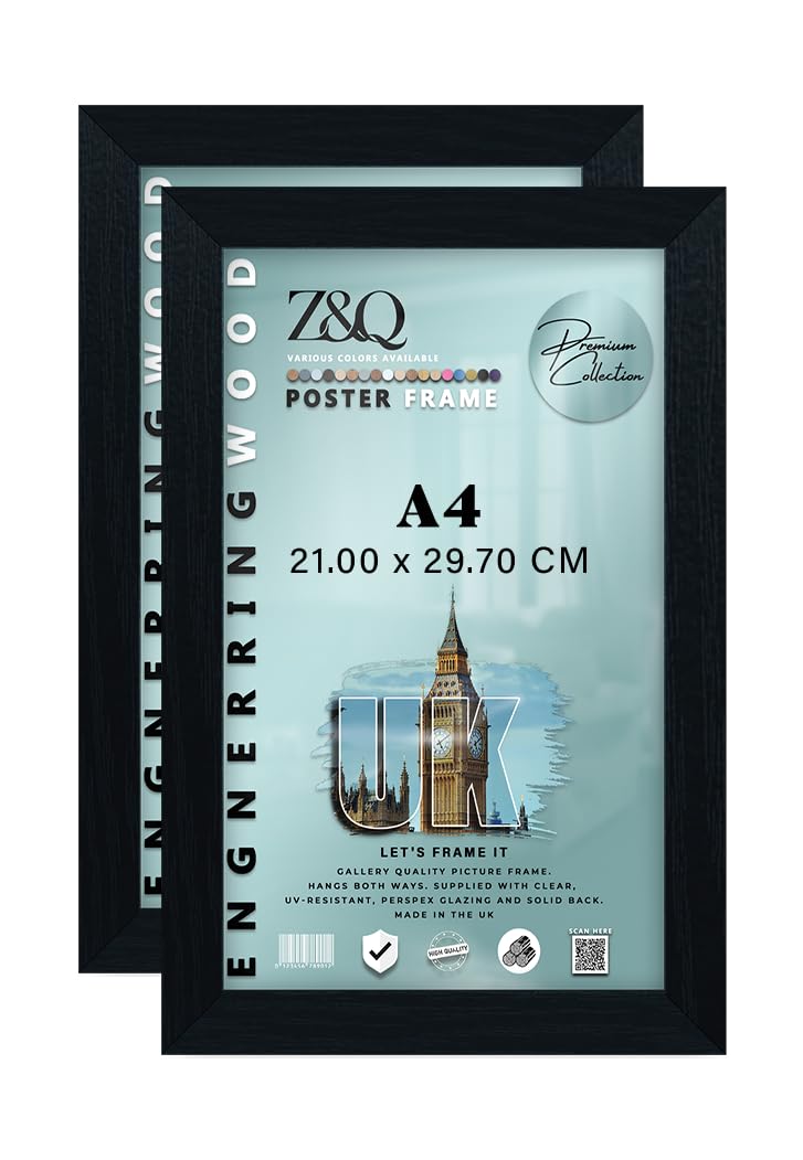 Z&Q pack of 2 Elegant MDF Picture Frame A4 (21.00 x 29.70 CM) Premium Wood Finish, Home & Office Use 11" x 8" Sturdy Wall Mount, 210 x 297 mm [ Black ]