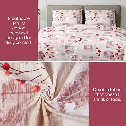 Image of Haus & Kinder King Size Bedsheet for Double Bed with 2 Pillow Covers 108 x 108 Inches | 144 TC Cotton Bedsheet for King Size Bed - Pink Flower Sketch