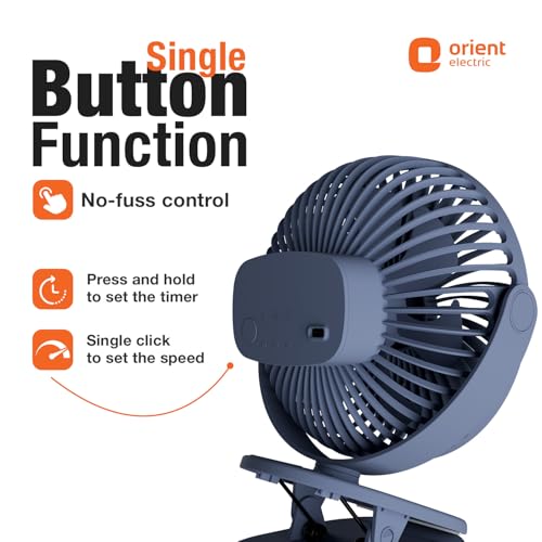 Image of Orient Electric Orbis Rechargeable Personal Fan | 360 Rotation | 1800 mAh Battery | 4 Speed Modes with Timer | Quiet Operation | USB Type-C Charging | Clip-On Mini Fan | Dusk Blue