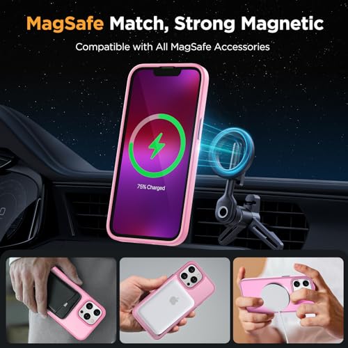Image of Miracase Magnetic for iPhone 13 Pro Max Case 6.7 inch (Compatible with MagSafe)(with 2X Screen Protectors) Military-Grade Protection, Anti-Fingerprint Translucent Matte Phone Case Cover, Mes Pink