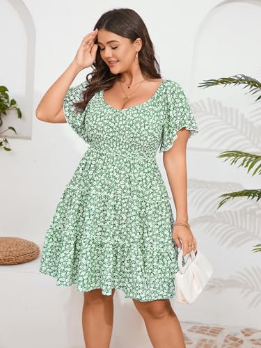 Image of SHESTARR Womens Plus Size Casual Mini Dress Sweetheart Neckline Short Flutter Sleeve Smocked A Line Tiered Ruffle Dresses