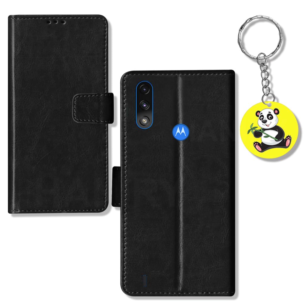 HANIRY flip Cover for Moto E7 Power flip case | PAMH0001IN flip Cover | Free Panda Keychain | Black