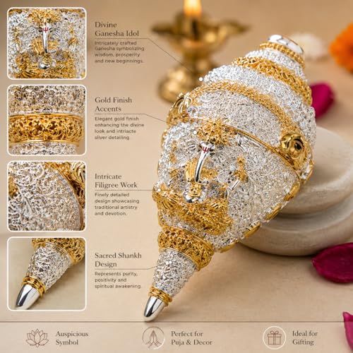 Image of CraftVatika 999 Pure Silver Plated & 24K Gold Plated Ganesh Shankh with Velvet Gift Box, 4.7 Inch Ganesha Shankh for Fengshui Vastu Gifts, Wedding Anniversary House Warming Gifts New Home Decor Items