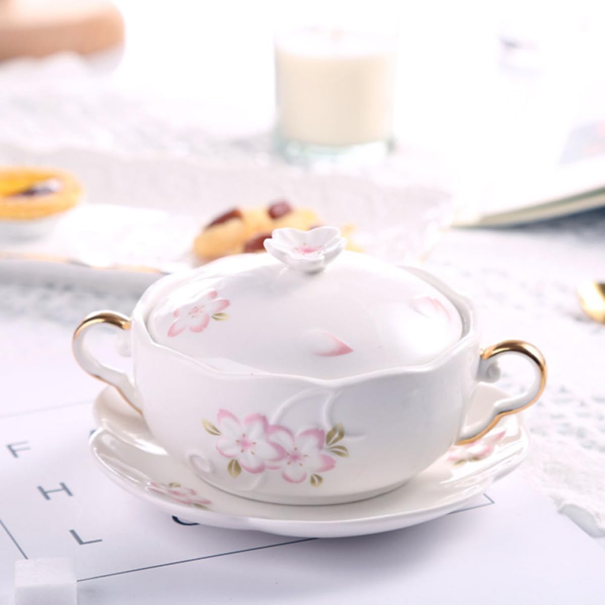 Gatuida Juego de Tazones de Porcelana Doble Asa para Sopa y Postres, Multiuso, Diseño Blanco Elegante, Adecuado para Uso Diario y Decoración del Hogar