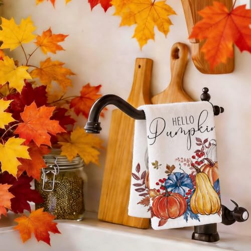 Image of Hello Fall Pumpkin Kitchen Towels, Autumn Leaves Harvest Dish Towels Set of 2, Rustic Thanksgiving Holiday 18 x 26 Inch Hand Towel Quick Drying Dishcloth Decor for Kitchen Bathroom Home