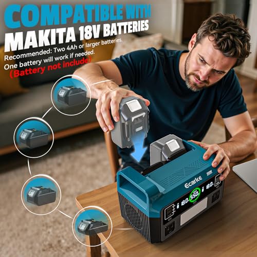 Image of Ecarke 550W Portable Power Inverter Compatible with Makita 18V Battery, DC 18V to AC 110V Pure Sine Wave Power Station 2 AC Outlets,2 USB-A&1 USB-C 20W, 600LM LED Outdoor Emergency Use(No Battery)