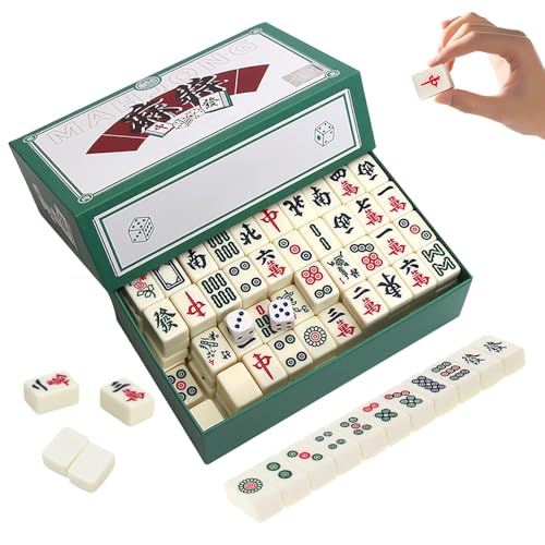 Rakuker Mini Mahjong Spiel, Traditionelles Chinesisches Majong Game, Majongsteine Spiel mit 144 Mahjong Steine und 2 Würfel, mah-Jong Brettspiel für Familie Reise Spiel Tabletop Brettspiel