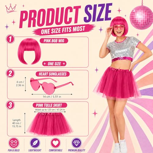 Image of Wesiti 24 Pcs 6 Sets Wigs Tutus Glasses for Women Costume,Rose Red,Lovely