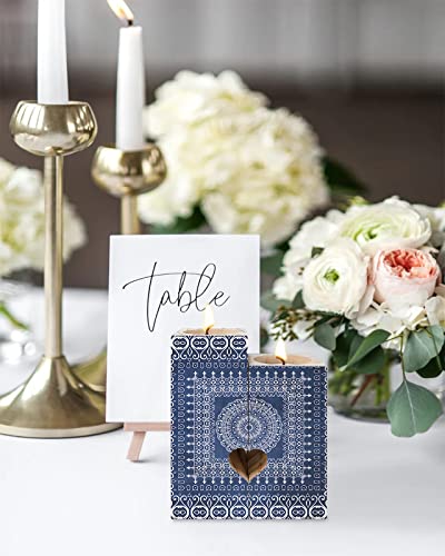 Mandala Floral Wooden Candle Holder- Candlestick Holders With 2 Tealights, Double-Sided Print, Unique Friend Gifts Mom Gifts Sister Gift Friend Gifts For Women, Vintage Blue Geometric Pattern #TOP3