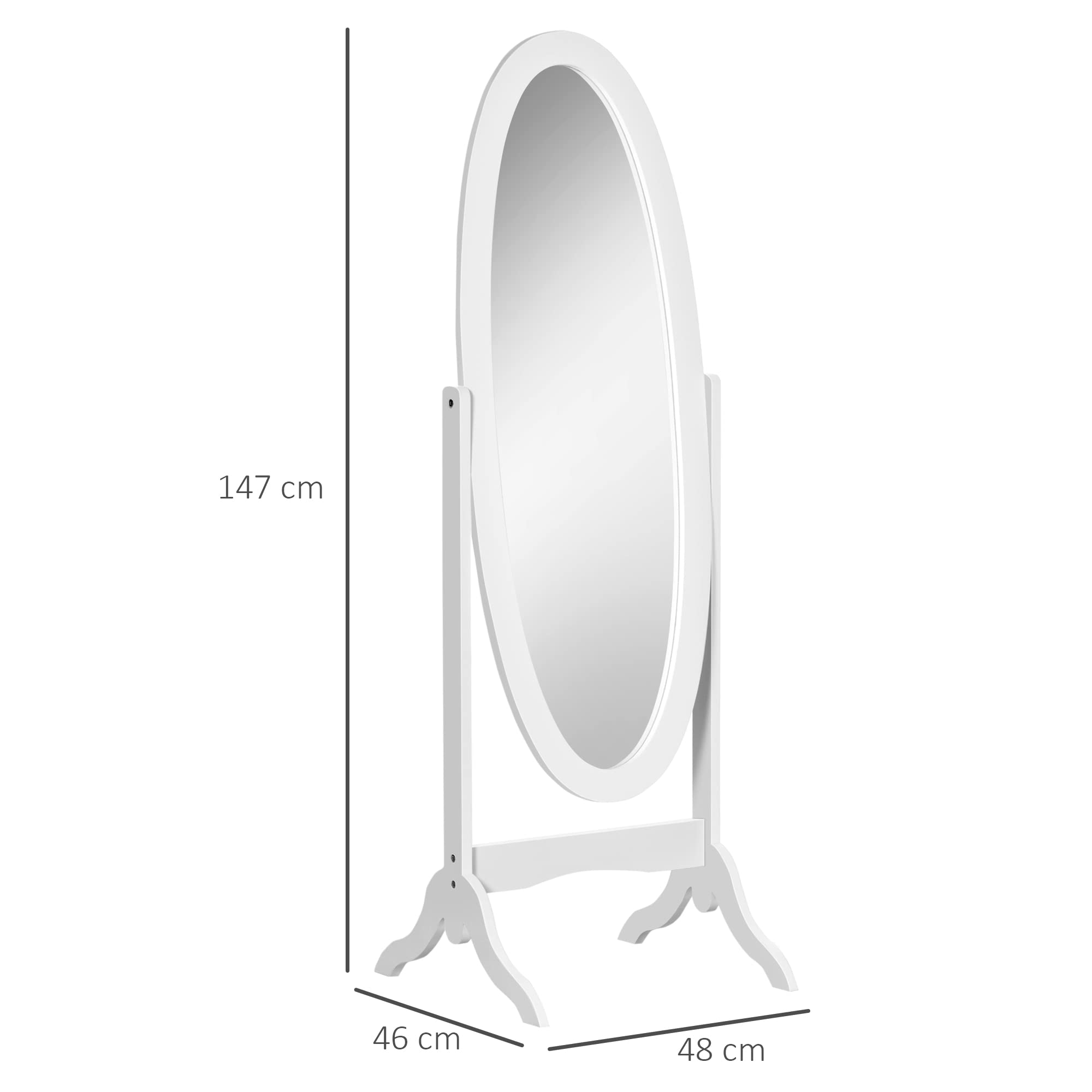 HOMCOM Specchio da Terra di Design, Specchio a Figura Intera con Inclinazione Regolabile, Autoportante, Cornice Ovale e Piedini in Legno, 147x46 cm, Bianco