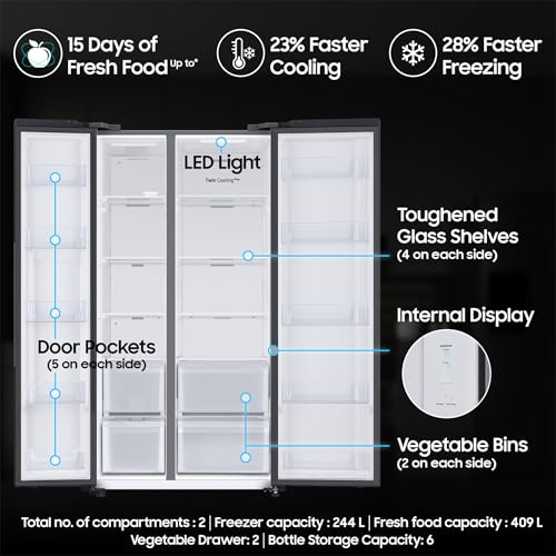 Samsung 653 L, 3 Star, Frost Free, Double Door, Convertible 5-in-1 Digital Inverter, Side By Side AI Enabled Smart Refrigerator with WiFi (RS76CG8003B1HL, Black Matt) 3 51ErUZNy8BL