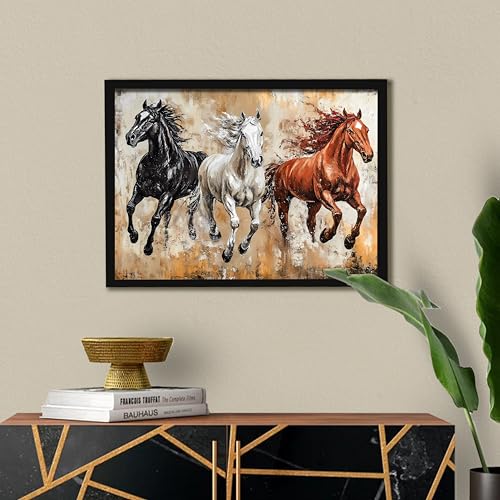 Image of 3 Running Horses Vastu Framed Wall Art Painting For Living Room|Three Horse Painting With Frame for Home & Office Decor, 17x23 Inch
