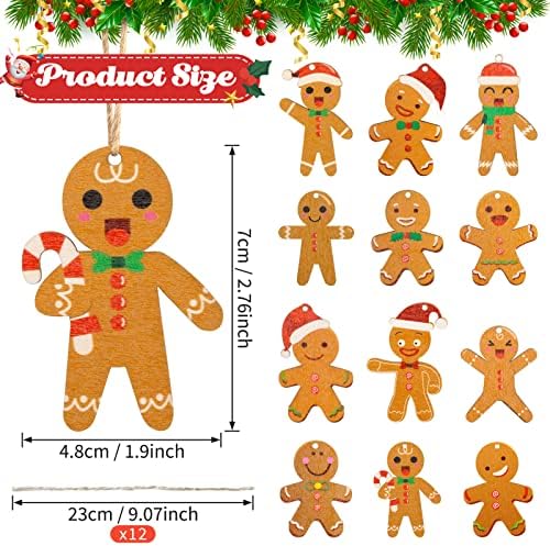 12 Pieces Wooden Christmas Tree Decoration, Christmas Gingerbread Man Wooden Ornaments, Wood Hanging Pendants with String for Christmas Tree Wall Party Decoration