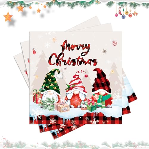 Lot de 40 serviettes de Noël amusantes rouges avec lutin et sapin de Noël - Décoration de table de Noël - 33 x 33 cm