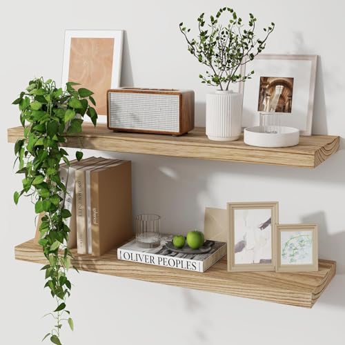 Image of Wood Floating Shelves for Wall Set of 2, 24 Inch Wide Rustic Wooden Floating Shelves, Invisible Wall Mounted Display for Living Room Bedroom Kitchen Bathroom Office, Carbonized Black
