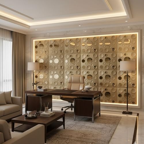 Image of Kayra Decor 3D PVC Wall Panels - Circle Embossed Design, Mirror Gold Color, 19.7 inch x 19.7 inch (Pack of 18) | Covers 42.28 Sq. Ft. |
