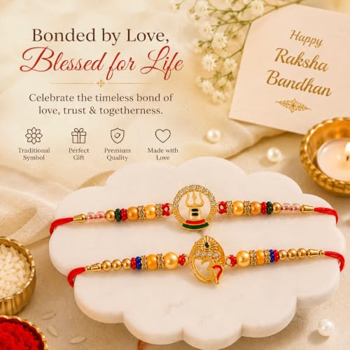 Image of CraftVatika Rakhi for Brother and Bhabhi, Bhaiya Bhabhi Rakhi Set of 2, Designer Bracelet Om Rudraksha Rakhis for Rakshabandhan with Best Wishes Card and Tillak Set, Premium Thread Couple Pair Raki