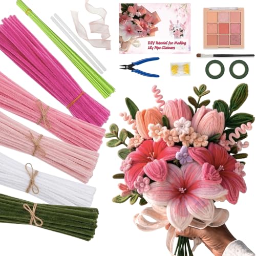 Eywwuu 540 Pcs Pipe Cleaner Flower Kit DIY Flower Bouquet Making Kit with 5 Pastel Chenille Stem Colors 30 Floral Stems Tape Stamen Glue Sticks Pliers and Brush for Rose Tulip Lily Crafts