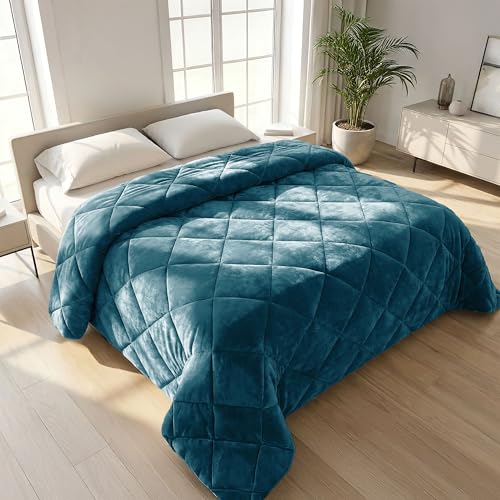 IlGruppone Trapunta Matrimoniale Velluto Retro in Microfibra Piumone Invernale Effetto Piuma 560 Gr/mq Piumino Caldo Due Piazze Inverno Coperta Duck Friendly - Una Piazza e Mezza - Petrolio