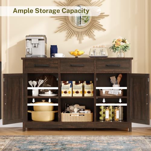 Image of TEENFON Coffee Bar Cabinet with 3 Drawers, Farmhouse Buffet Cabinet