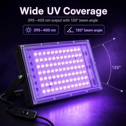 Image of QWORK 100W UV Black Light Flood Lights - 2 Pack, IP65 Waterproof Stage Lighting for Glow Party Halloween Body Paint Neon Fluorescent Poster Indoor Outdoor Use