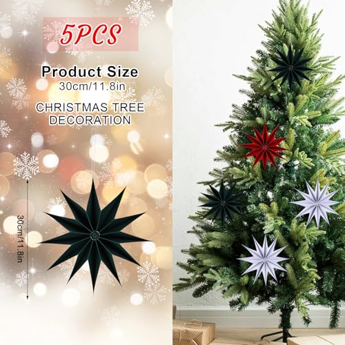 Image of 12 Inches 5 PCS Red Green White Paper Star Lanterns Hanging Stars Christmas Party Decorations Hanging Lampshade Christmas Wedding Birthday Christmas Home Party Decorations(12 Pointed)