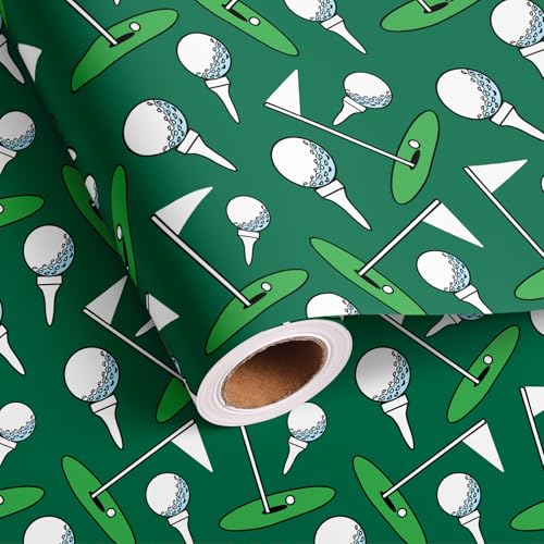 Dtiafu Golf Wrapping Paper for Men Boys Girls - Green Elegant Gift Wrap with Golf Flags Balls Patterns for Birthday Fathers Day Team Celebration - Total 28.5sq.ft