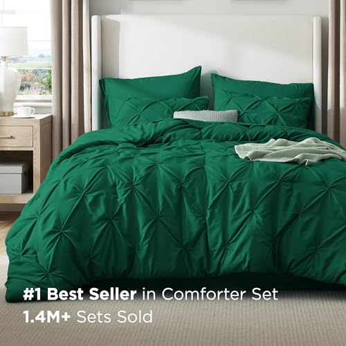 Image of Bedsure Twin Comforter Set Dark Green - Bed in a Bag Twin Size 5 Pieces, GentleSoft Pintuck Bed Set Gift for Family, All Season Down Alternative Comforter with Sheets, Pillowcase & Sham