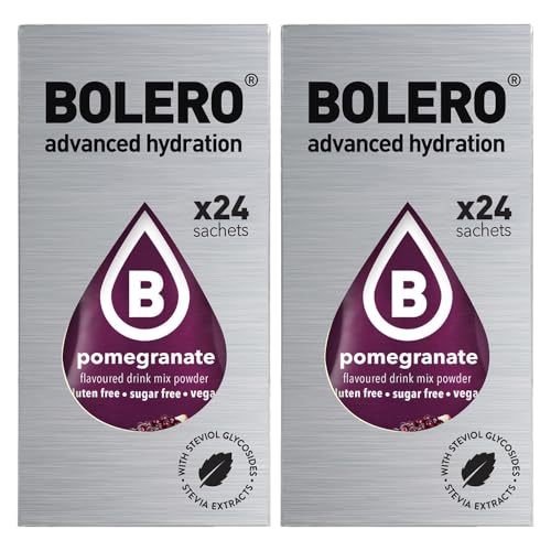 Set Bolero Drink da 48 Bustine 3 grammi Pomegranate (melograno) 3 gr Gusti Diversi alla Frutta Preparato Polvere Solubile Bevanda Fresca in Acqua,144 grammi dolcificato stevia,0.14 kg