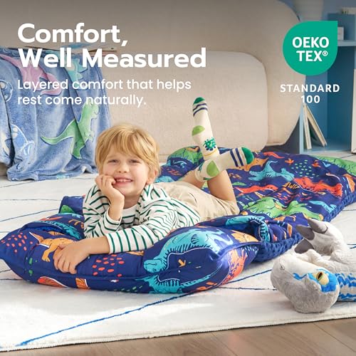 Image of JOIEDOMI Toddler Sleeping Bag for Kids 55''x30'' Nap Mat with Removable Pillow and Minky Blanket for Toddler Ages 3-7 Roll Up Soft Kids Sleeping Bag for Boys Girls Kindergarten Daycare Sleepover