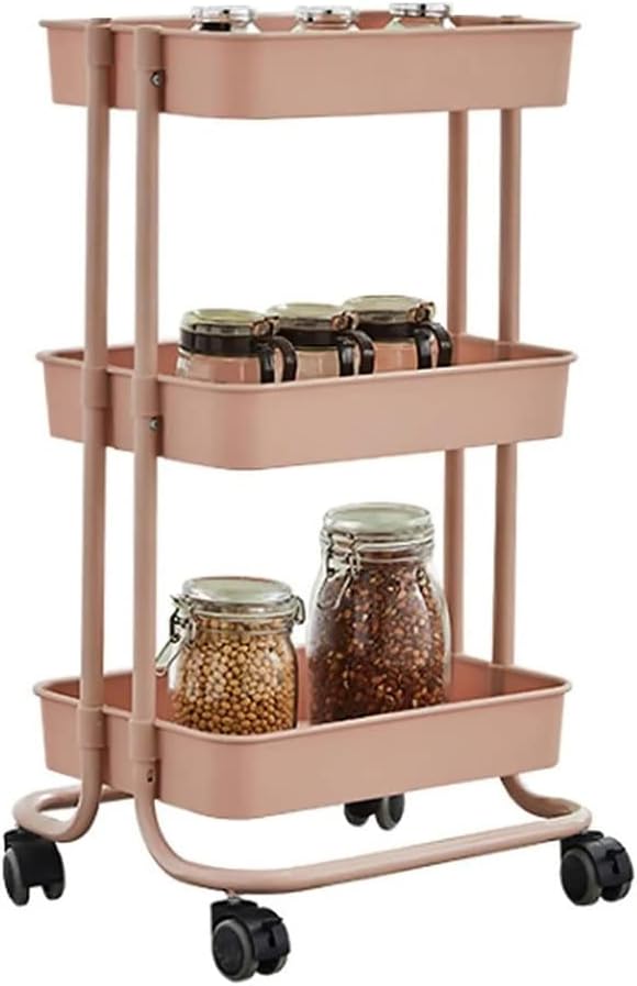 3-Tier Rolling Utility Cart Kitchen Trolley Rolling Storage Cart with Wheels Mobile Shelving Tier Storage Cart (Color : Pink) (Pink)
