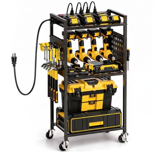 SPACECARE Power Tool Organizer Cart with Charging Station, Black | Garage Rolling Storage Cart with locking Casters, 300 Lbs Heavy Duty Drill Battery Storage Rack with 6 Outlet Power Strip