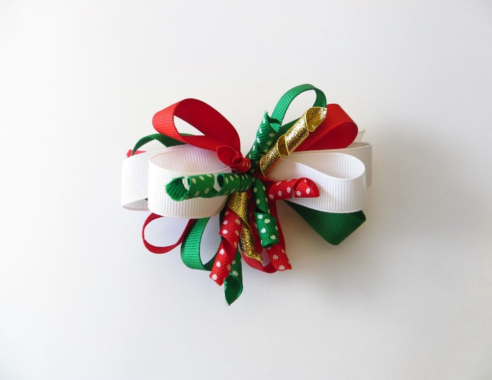 Girls Christmas Holiday Barette Hairbow - Red & Green - One Size Hair Bow
