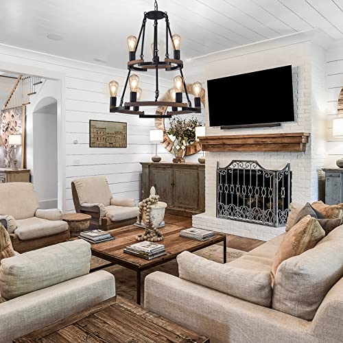 Fabulis Wagon Wheel Chandelier, 9-Light Farmhouse Chandelier Black Metal And Wood Frame Rustic High Ceiling Chandelier For Living Room Dining Room Foyer Villa #TOP7