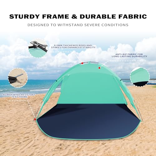Outterra Beach Tent for 3-4 People, UPF50+ Sun Shelter with Breathable 3-Zipper Door Design, 8.0mm Reinforced Fiberglass Poles, Portable Shade Canopy for Beach & Camping (Green) - Image 3