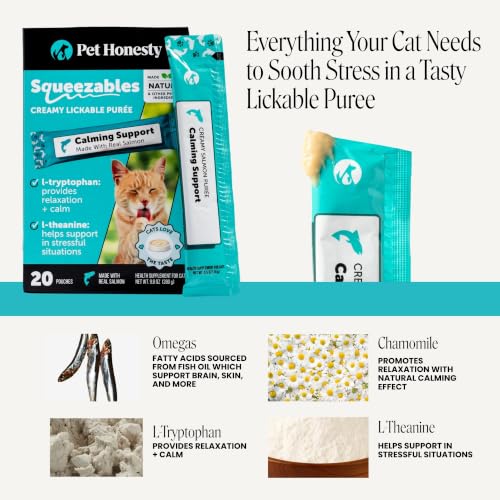 Pet Honesty Cat Lickable Treats with L-Theanine & Chamomile - Squeezable Puree Pouches for Cats - Behavior Support for Travel, Vet Visits, Grooming, & Separation (Salmon, 20 Ct) - Image 4
