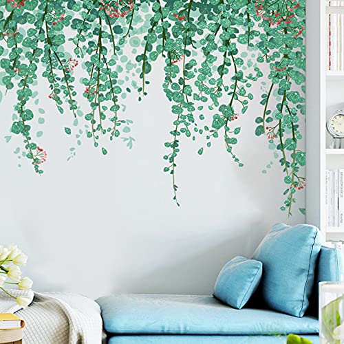 2 Sheets Hanging String of Vine Leaves Wall Decals, Nature Green Plants Hanging Vine Flowers Wall Stickers, ZOXILEN Removable Peel and Stick Wall Decor for Kids Bedroom Living Room Kitchen Nursery